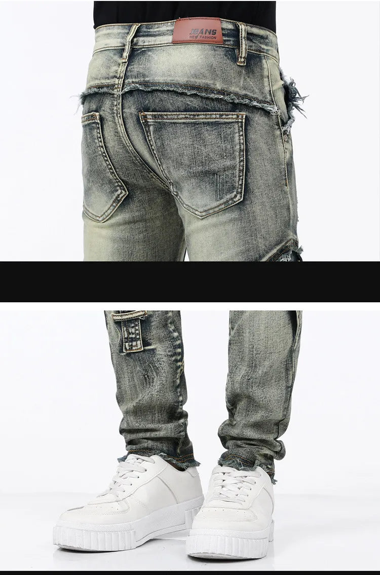 High-Quality Stylish Washed Men's Luxury Designer Jeans Trendy Men Vintage Denim Stretch  Workwear  Motorcycle Boyfriend Jeans