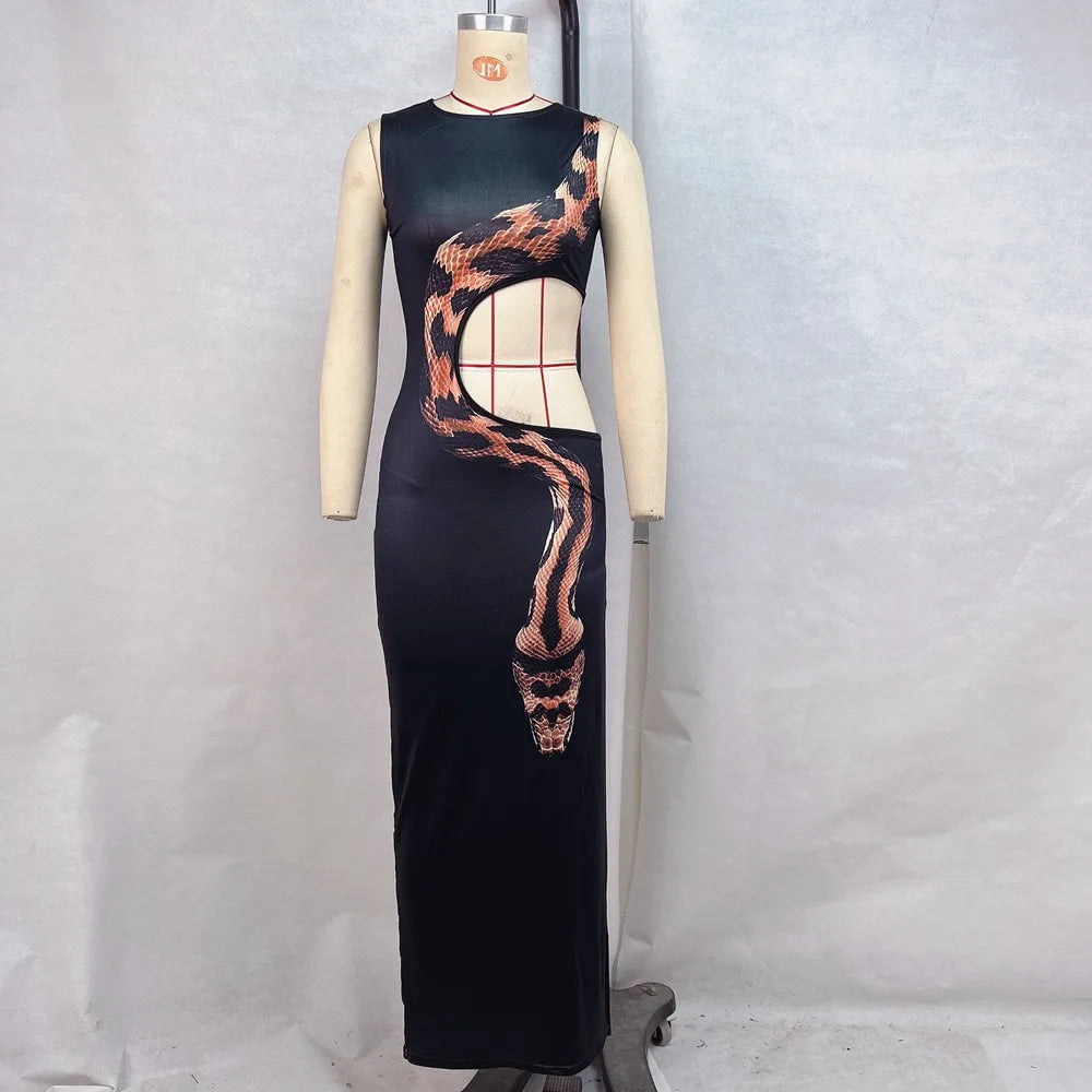 European And American Traditional Wear Dress Women's Long Black Maxi Dress Side Slit Cutout Waist Snake Print Hollow Out Round