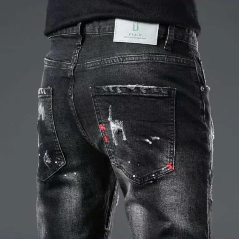 Trousers Ripped Torn Patch Man Cowboy Pants Slim Fit with Holes Men's Jeans Tight Pipe Skinny Broken 2025 Korean Autumn Goth Xs
