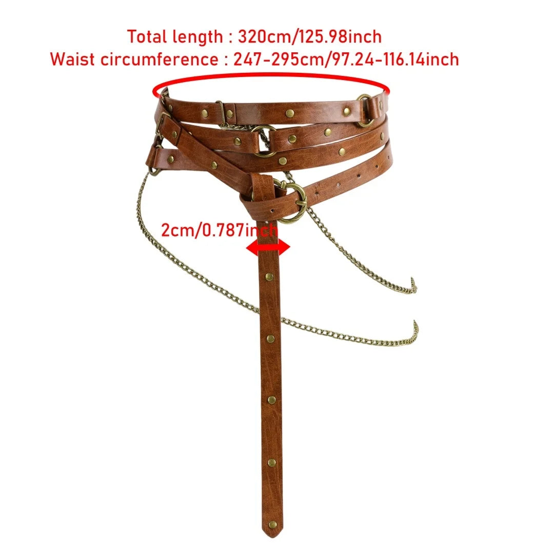 Retro Viking Style Belt Adjustable Medieval PU Leather Belt with Metal Chain Punk Steampunk Cosplay Accessories