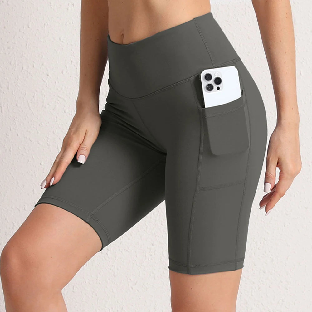 CHRLEISURE Nahtlose Yoga-Shorts für Damen mit Taschen, hohe Taille, Po-Lifting-Radhose, Push-Up-Sport-Tights, Sportbekleidung