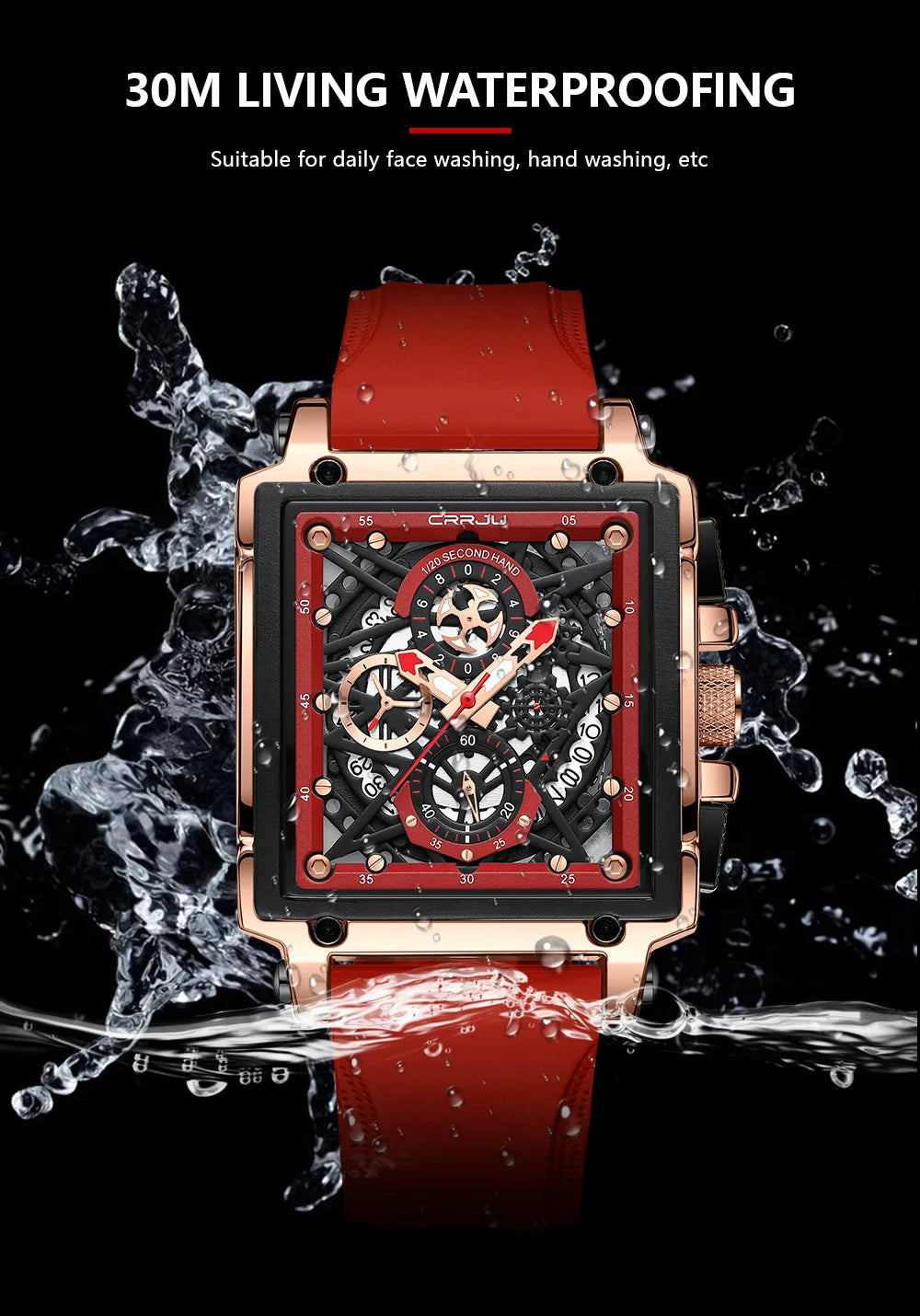 CRRJU Modische Sportuhren mit großem Zifferblatt, einzigartiges rechteckiges, hohles Design, Quarz-Armbanduhren mit Chronograph, automatisches Datum