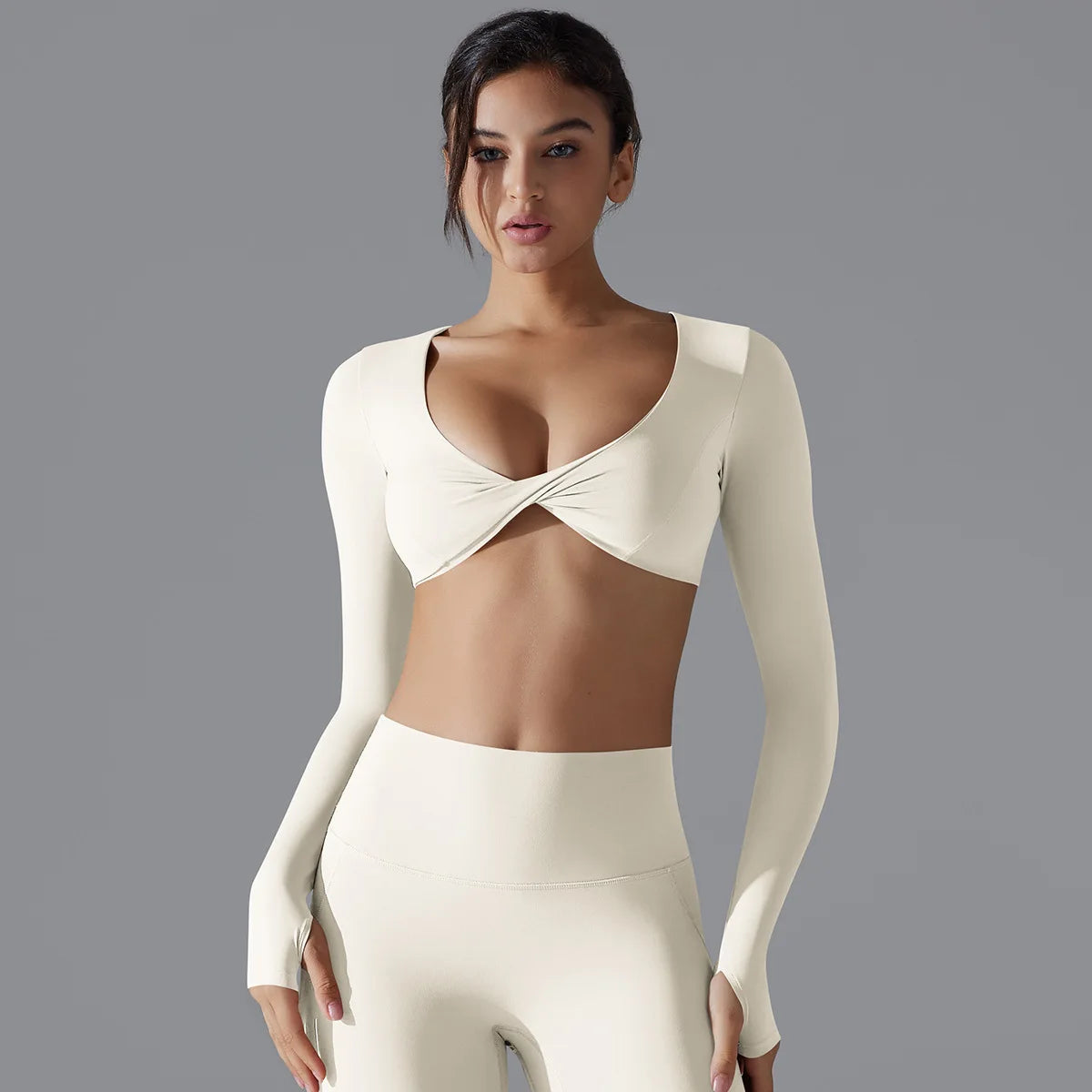 Sports Long Sleeved Fitness Suit Women's Deep V-neck Slim Fit Breathable Ins Style Exposed Navel Outdoor Yoga Suit Short Top
