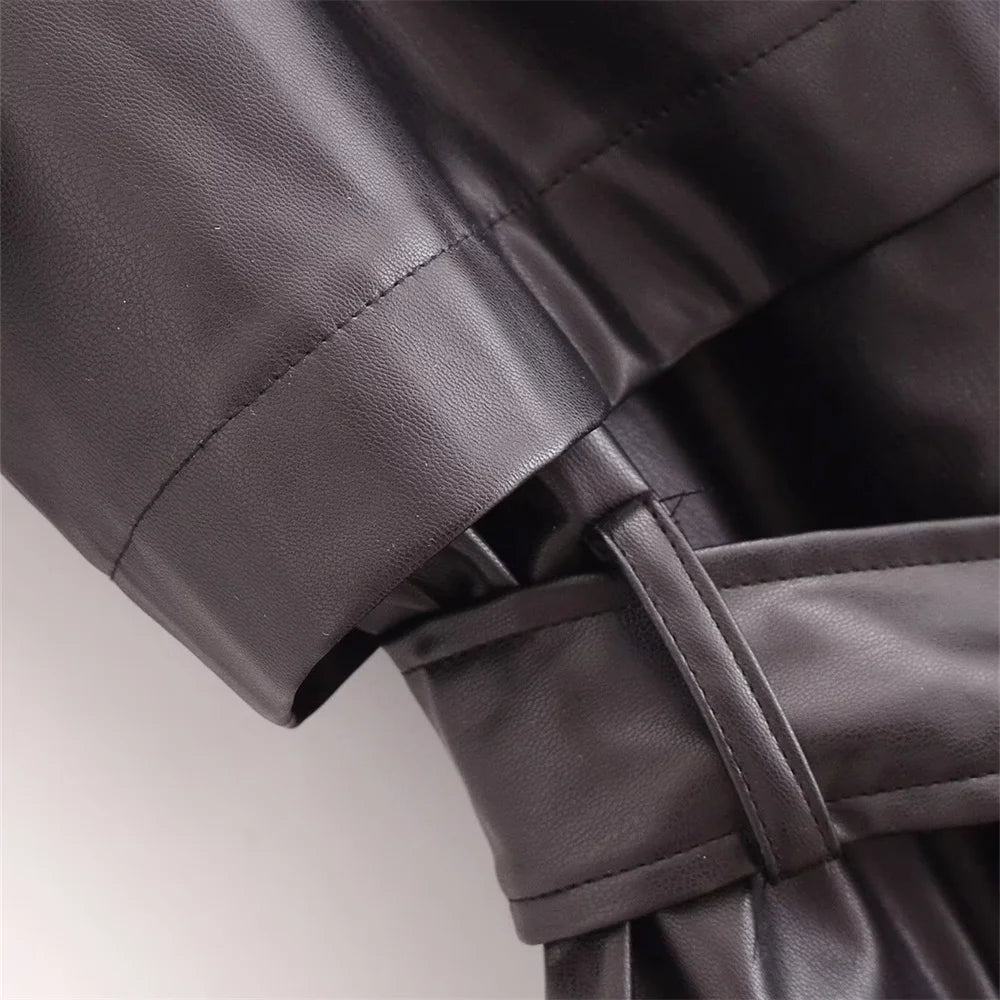 autumn new European and American style commuting lapel with belt faux leather loose long windbreaker jacket