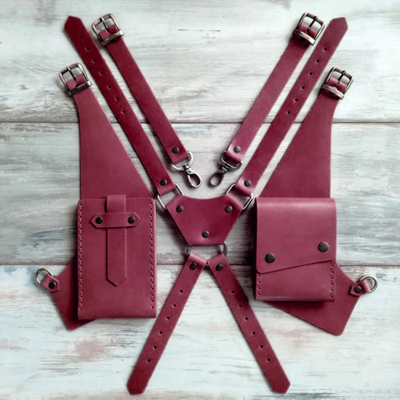 Medieval Steampunk PU Leather Shoulder Bag Vintage Phone Wallet Holder Double Pocket Holster Festival Viking Costume Props Purse