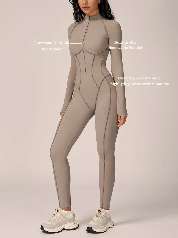 VITALINOVO Womens Running Onesie Athletic Romper Pants Long Sleeve Zip Up Hiking Outfits One Piece Workout Bodycon Jumpsuits