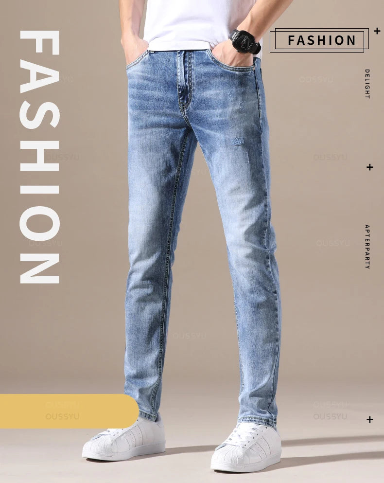 Clothing Jeans Men High Quality Stretch Light Blue Denim Fashion Pleated Retro Pocket Skinny Trousers Pants 28-40