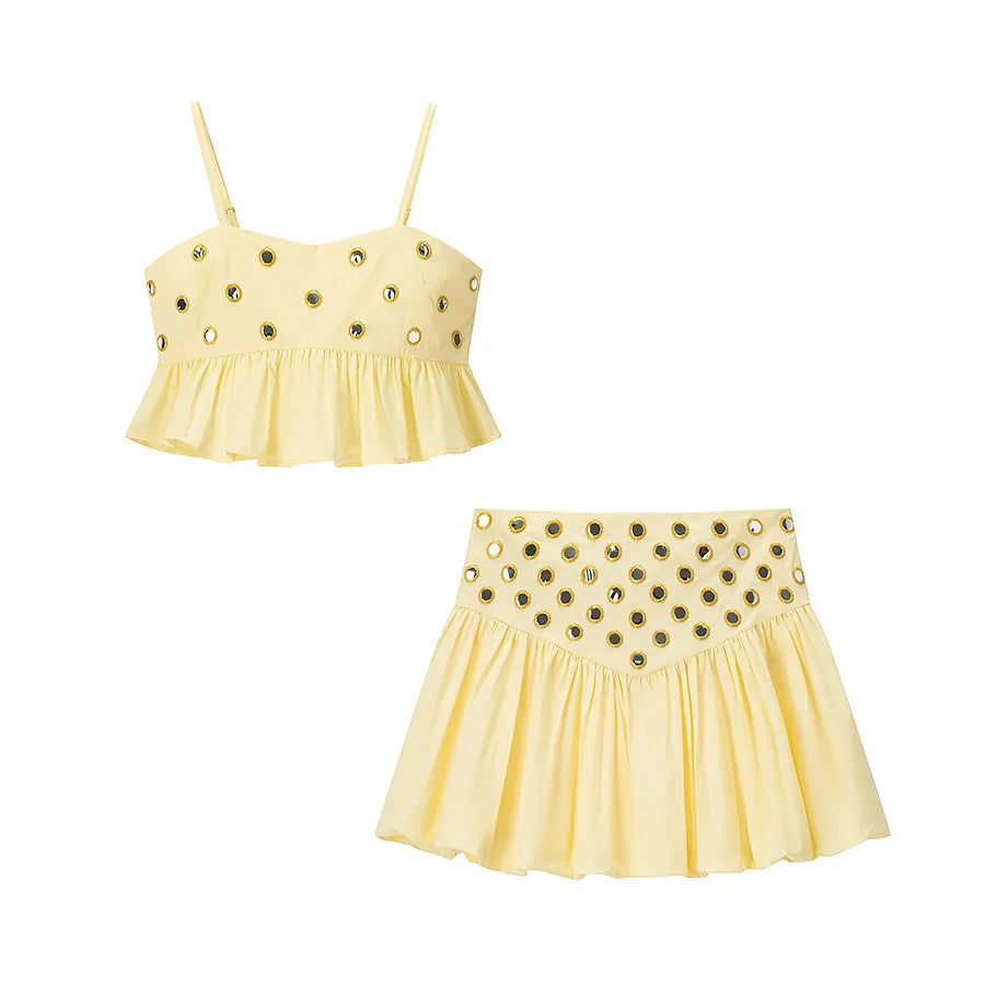 VEITCHE Women Metal Hollow Pleated Suspender Skirt Suit Sexy Sleeveless Vest High Waist Mini Skirt Lady Vacation Dress Set