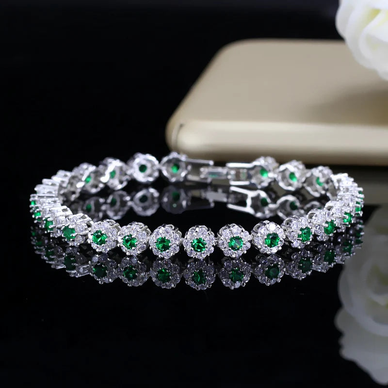 BeaQueen Trendy Green and White Cubic Zirconia Stone Silver Color Tennis Bracelets Dress Jewelry Accessories Gift for Women B100