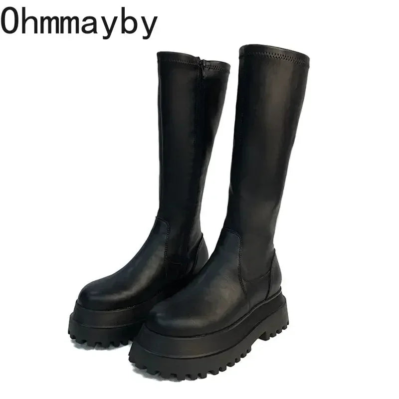 2025 Winter Chunky Platform Heels Long Boots Round Toe Zipper Thick Sole Ladies Fashion Winter Women's Knee High Boots