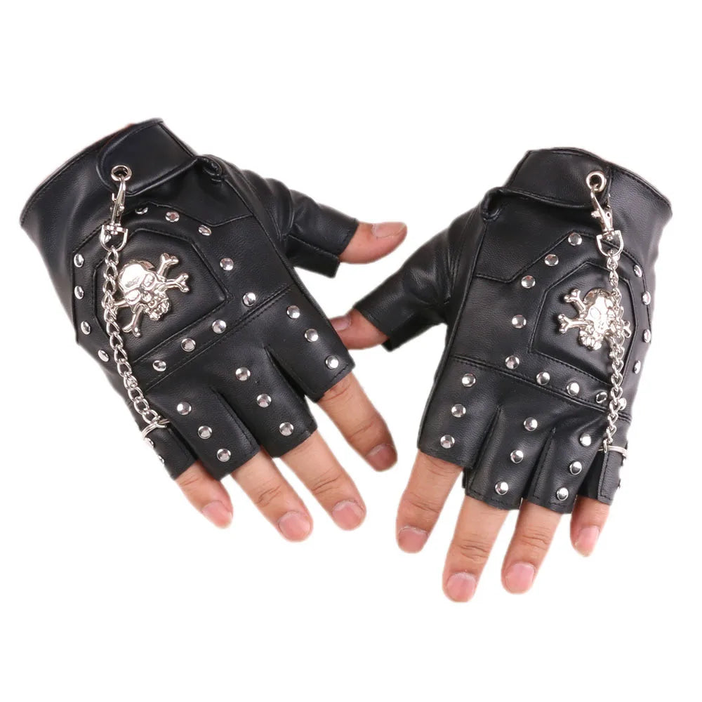 Skull Gloves Street Dance Men Fashion Punk Chain Gloves Nightclub Performance Youth Women Bracelet PU Leather Half Finger Gloves