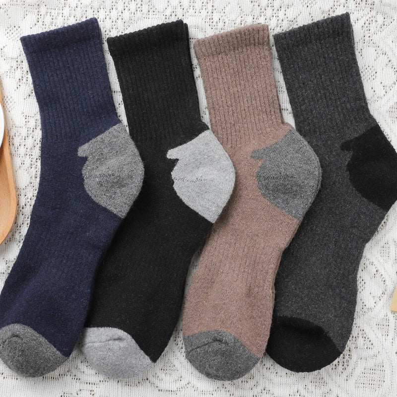 4Pairs Thick Warm Wool Mid Calf Socks Winter Men's Solid Color Cold Proof Sports Socks Men's and Women's Universal Knitted Socks