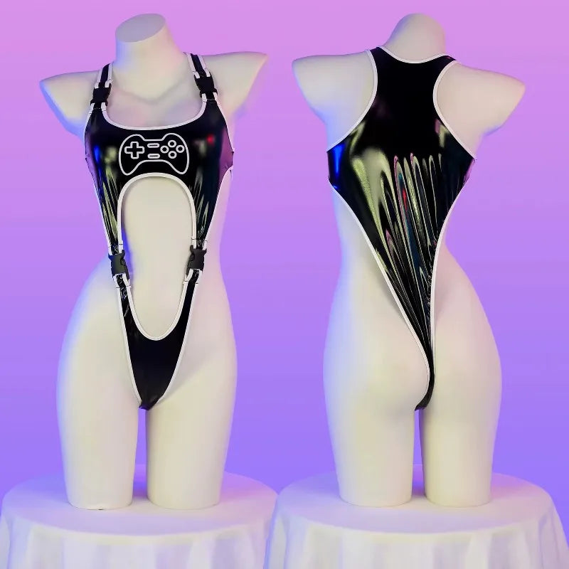 Anime Cartoon Game Controller PU Leather Bodysuit Cosplay Women Cyberpunk Sexy lingerie Shiny Club Wear Outfit