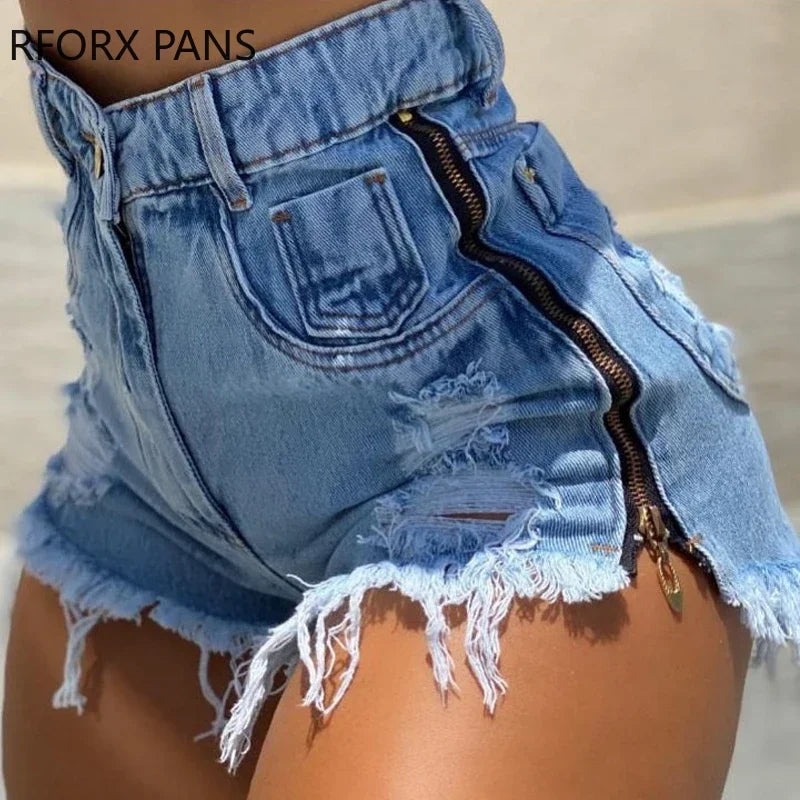 Frauen Chic Casual Solide Zipper Dekoration Ripped Quasten Hohe Wasit Frauen Denim Shorts