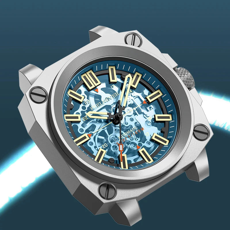 FeelNever Kreative Herrenuhr mit Automatikwerk, ausgehöhlt, modisch, lässig, sportlich, Militär, Leder, wasserdicht, mechanische Uhr + Box