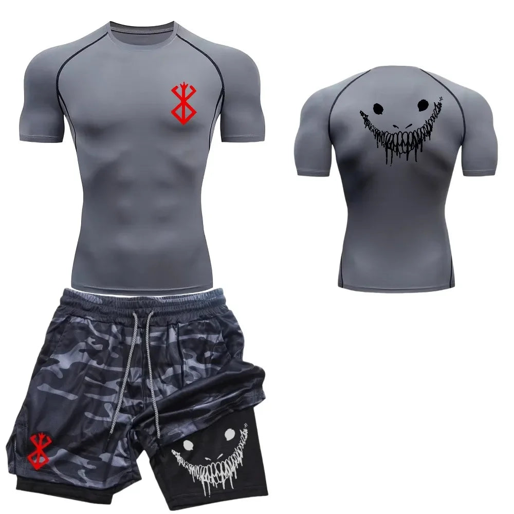 Men's fashionable casual fitness set, gym quick drying sportswear, shorts+shirt, 2-piece set, running, training, summer