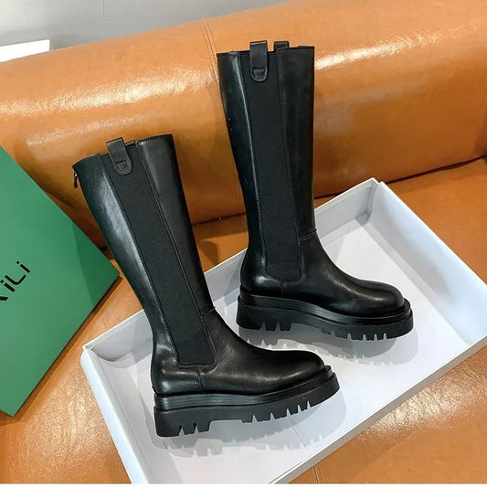 Platform Women Knight Long Boots Fashion Warm Fur Shoes Autumn Winter Square Heels Ladies Knee High Booties