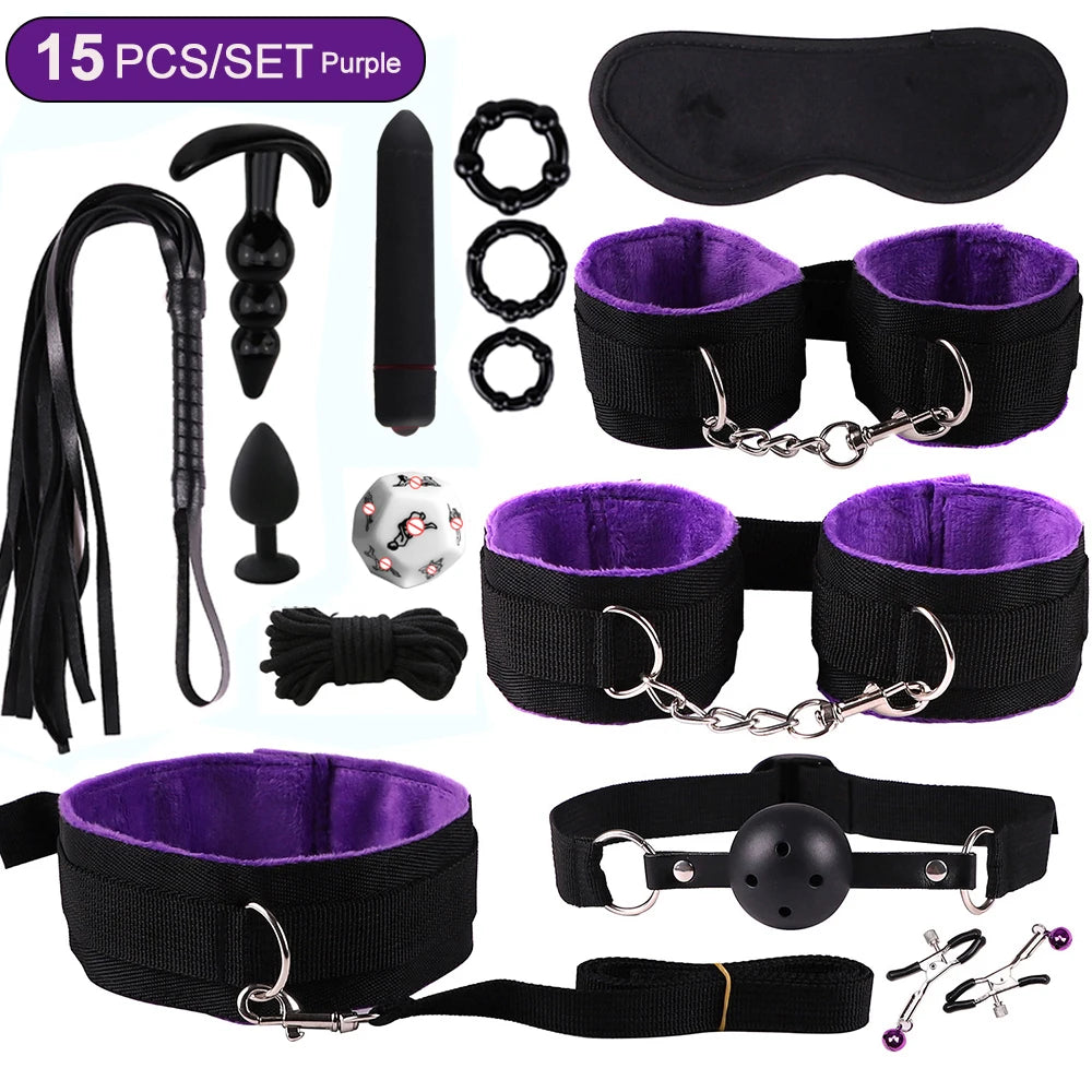 Hot Exotic Bed B+ndage Set B+SM Kits Exotic S*x Toys For Women  Adults Games Leather Handcuffs Whip Gag Nipple Clamps S*x