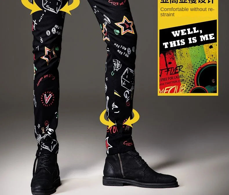 Luxuriöse Jeanshose für Herren, Hip-Hop-Jeans mit Graffiti-Print, Designer-Jeans in Slim Fit, trendige schwarze Jeans, Stretch-Cowboy-Baumwollhose für Männer