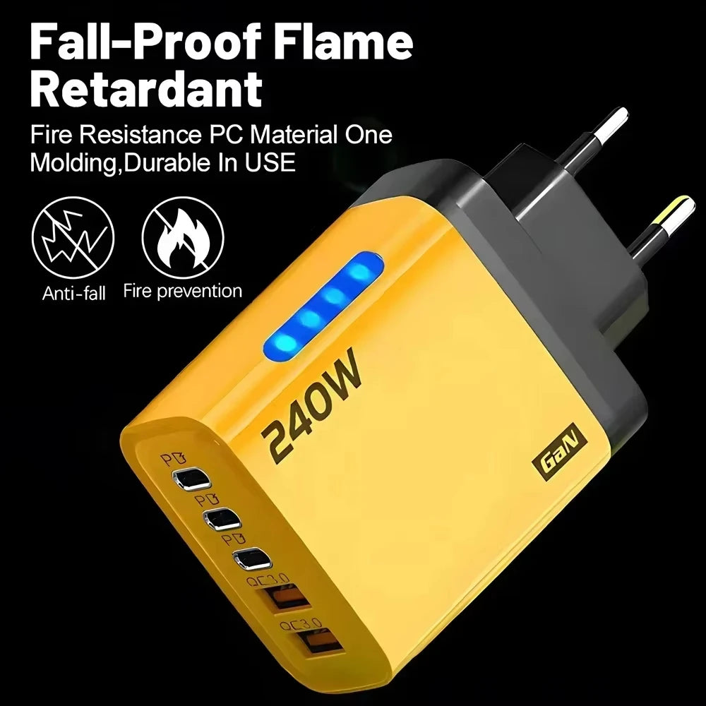 5 in 1 GaN Desktop Charger 240W Fast Charging Adapter 10A USB To Type C Cable 3PD 2 USB Charger For iPhone Samsung Xiaomi