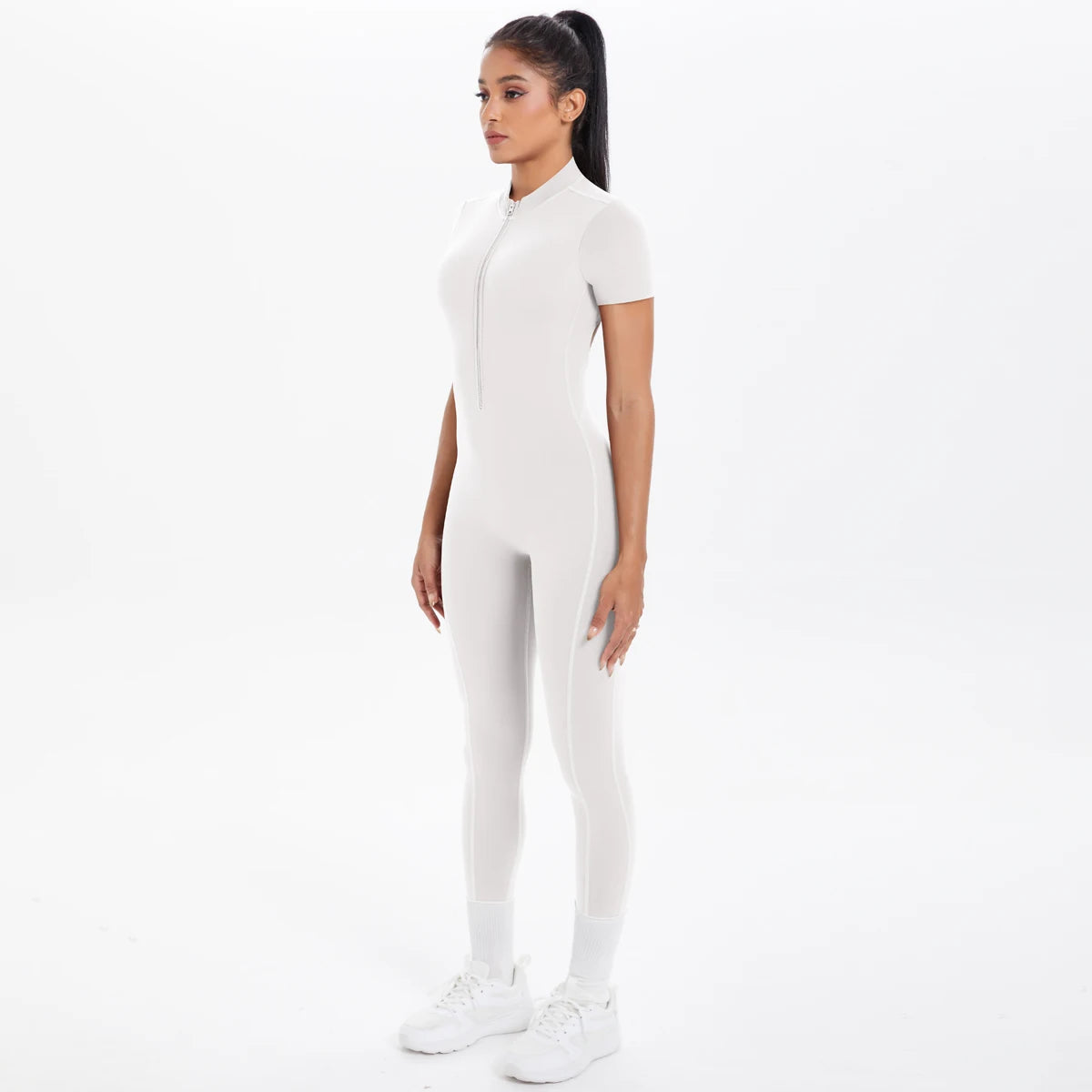 Short Sleeved Fitness Jumpsuit for Woman Bodysuits Backless Solid Color Scrunch One-Piece Suit Half Zipper Gym Yoga Sets Womens