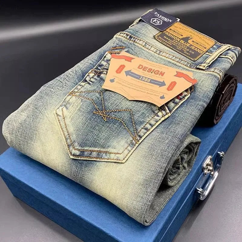 Street Fashion Men Jeans Retro Blue Elastic Slim Ripped Jeans Men High Quality Brand Designer Vintage Denim Pants Hombre