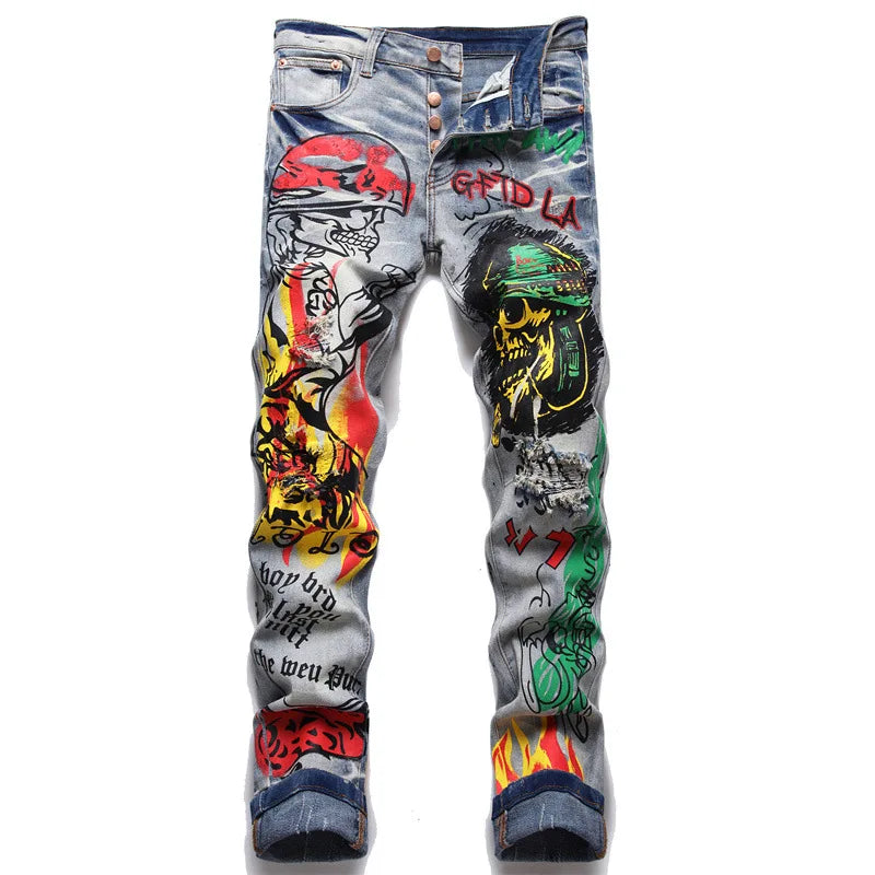 Herren Bedruckte Stretch-Jeans Streetwear Charakter Totenkopf Flamme Bemalte Hose Vintage Knöpfe Fly Schlanke zerrissene Hose