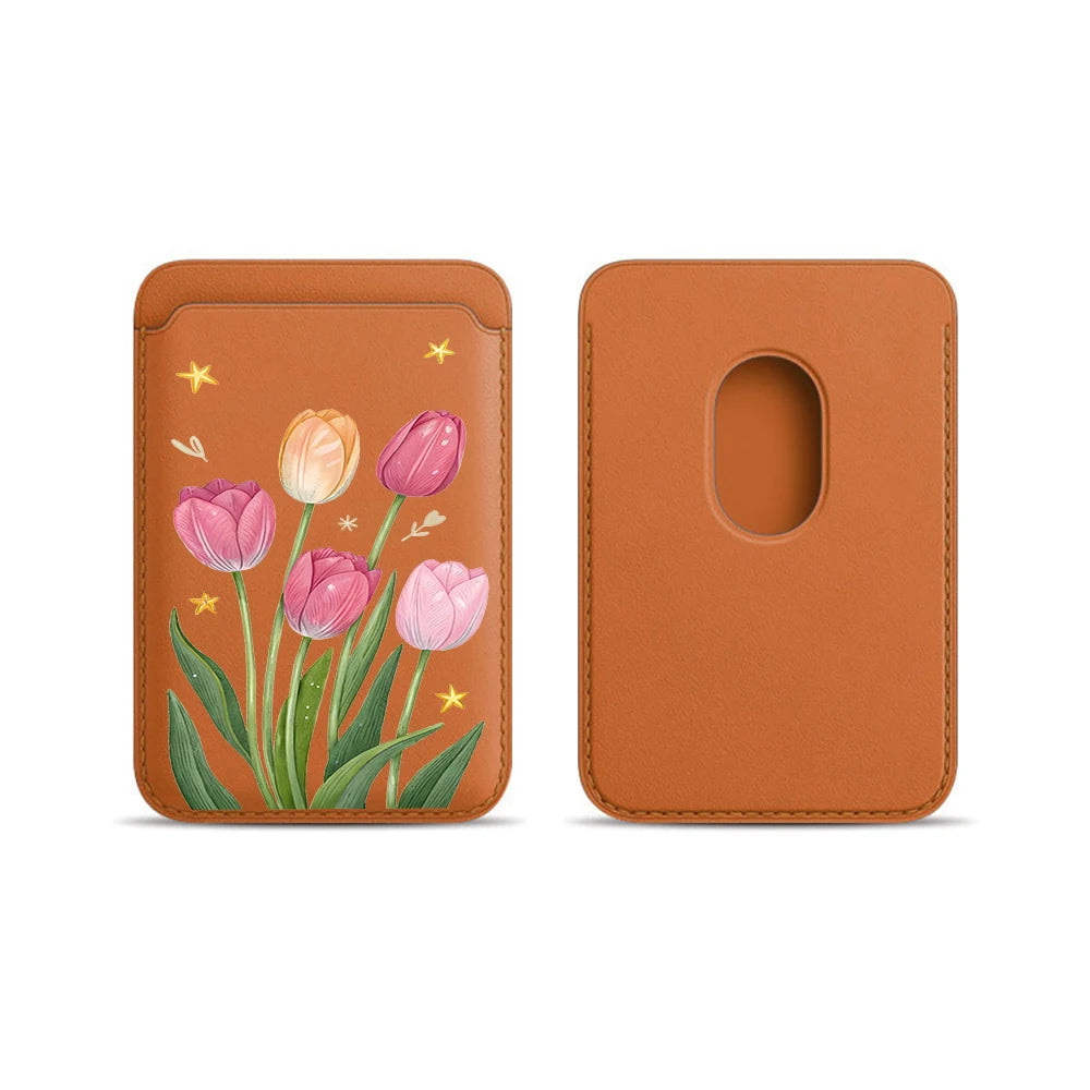 Tulip Flowers Leather Card Wallet Cases Phone Card Holder Magnetic Case Suitable For all iPhone for Magsafe Card Phone Back Bag