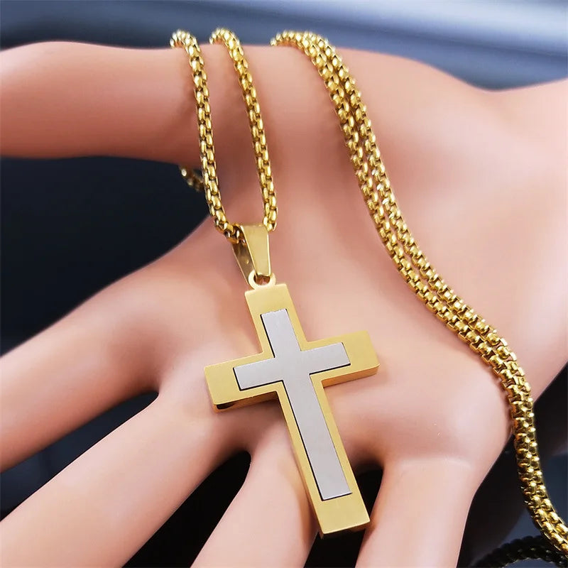 YQ Stainless Steel Splice Cross Pendant Necklace For Men Women Religious Jewelry Accessories With 60cm Chain