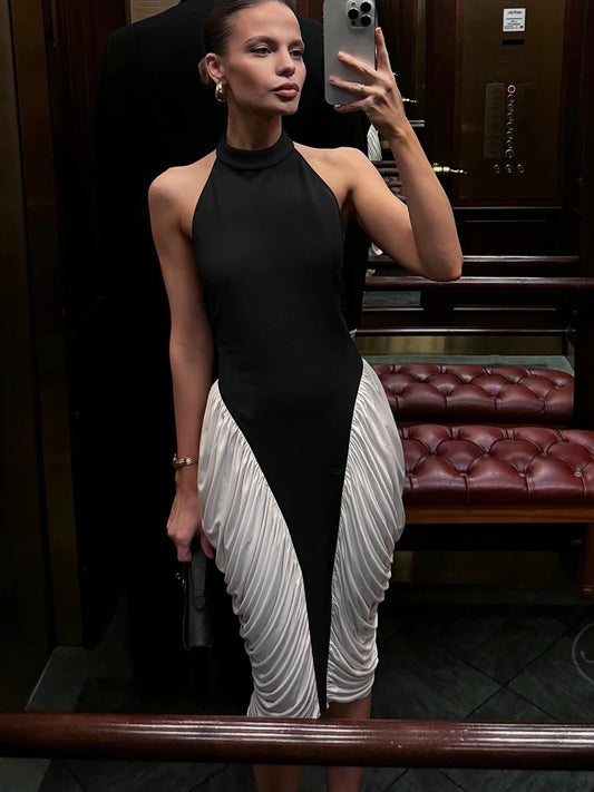 Weird Puss Contrast Patchwork Dress Women Sexy Backless Halter Pleated Y2K Sleeveless Slim Elegant Midnight Club Party Bodycon
