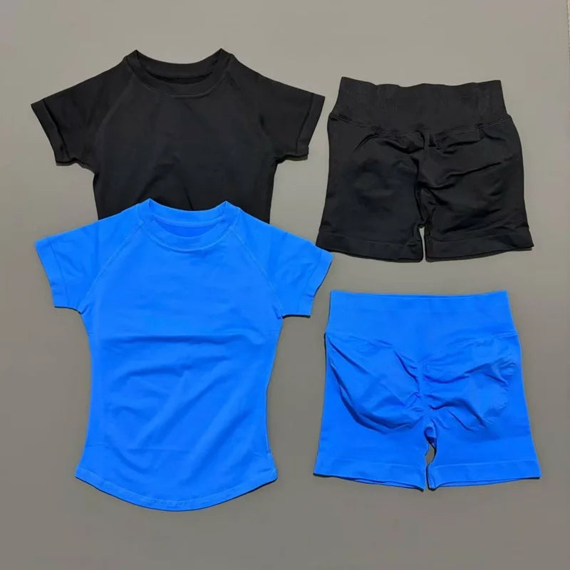 2 Piece Sports Set Women Gym Yoga Set Seamless Fitness Gym Clothes Sportswear Short Sleeve Top Sports Short Leggings Suit