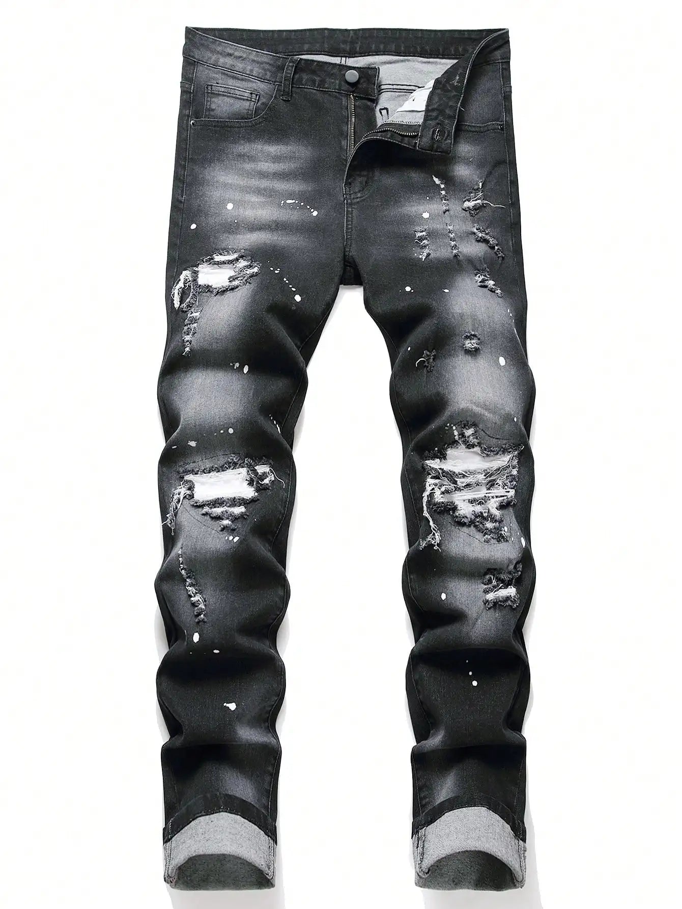 High Stretch Men Skinny Ripped Jeans Paint Splatter Denim Pants Slim Fit Distressed Hole Jeans Male Hip Hop Streetwear Trousers