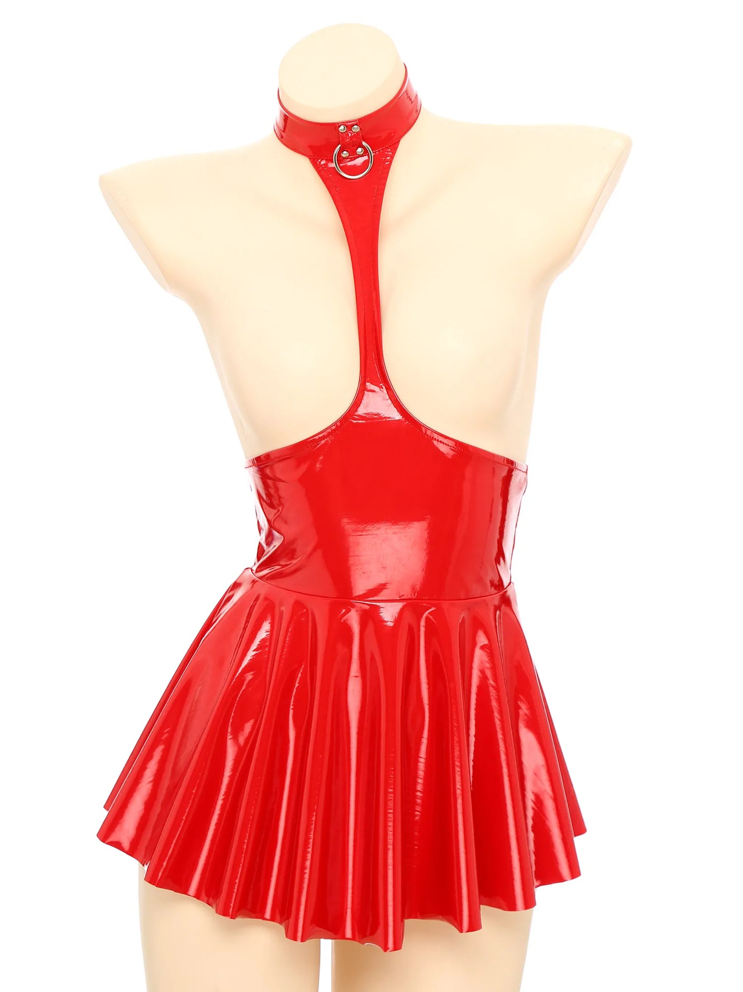 Womens Open Chest Halter Mini Dress Wet Look Patent Leather Rave Carnival Party Ruffled Sleeveless Backless Dress Nightclubwear