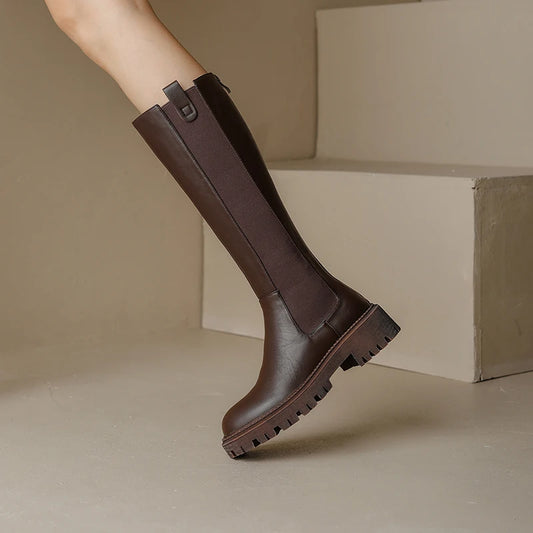 Autumn Winter New Women's High Boots Chelsea Boots Cow Leather Round Toe Heel Women Boots Knee-High Women Shoes Zipper