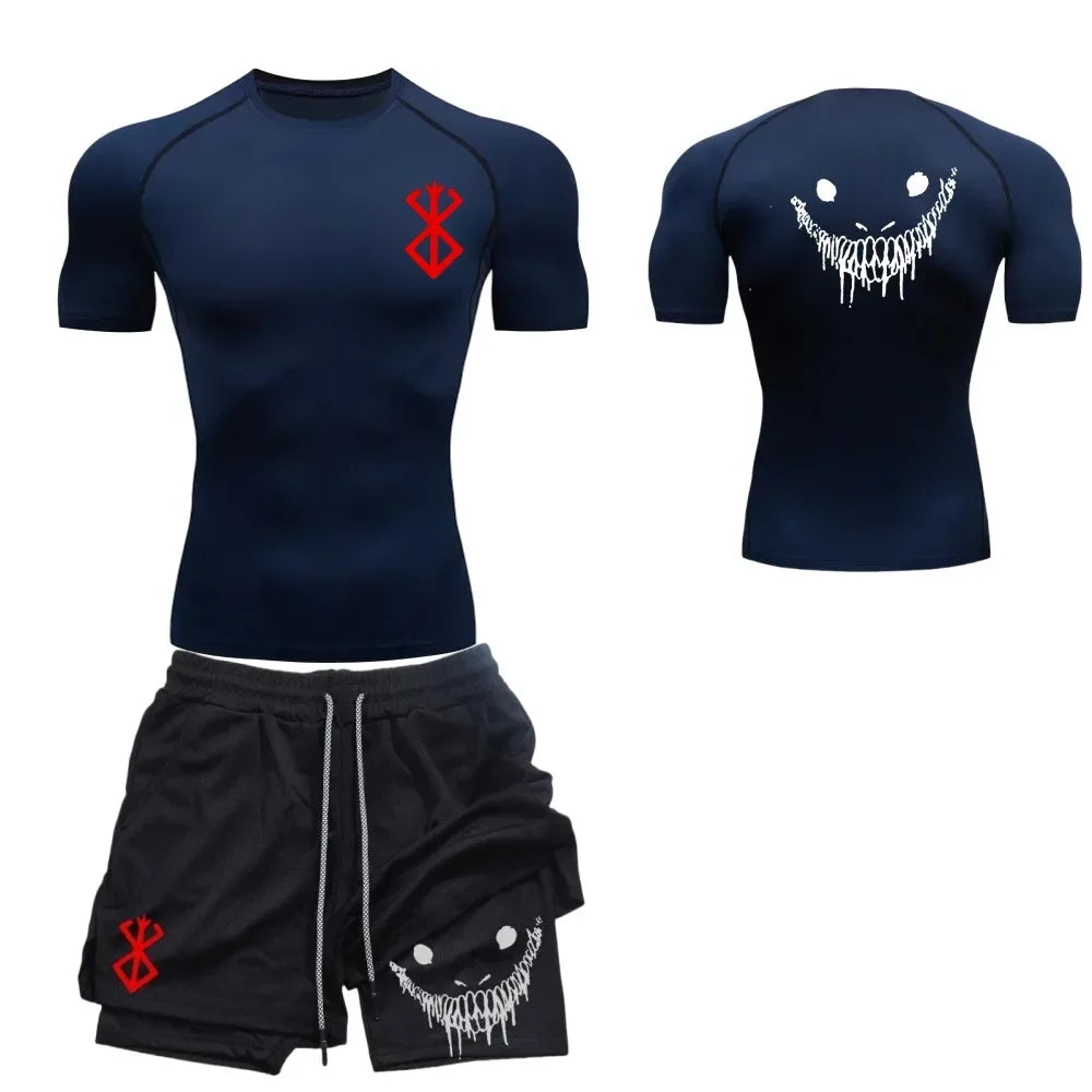 Men's fashionable casual fitness set, gym quick drying sportswear, shorts+shirt, 2-piece set, running, training, summer