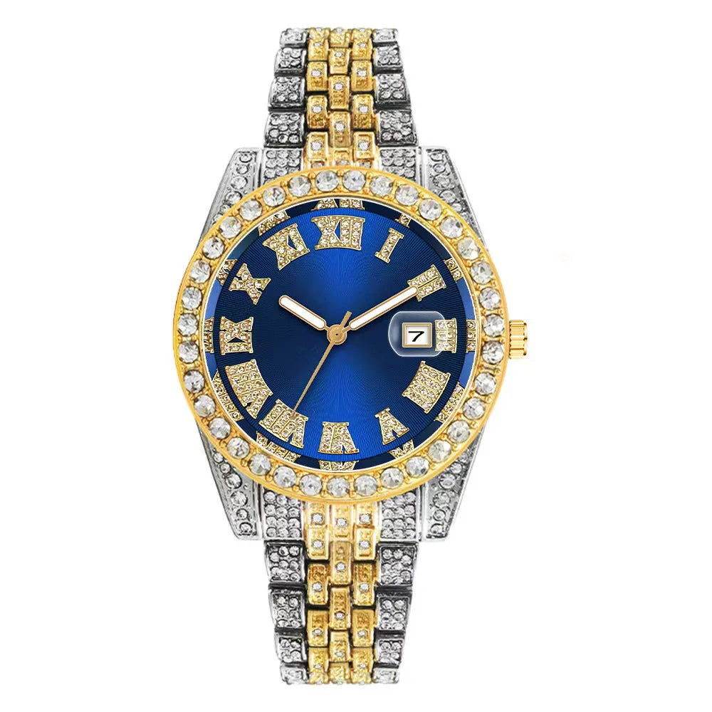 2pcs Fashion Diamond Men Women Watches Gold Watch Ladies Wrist Watch Luxury Rhinestone Unisex Bracelet Watches Female Clock