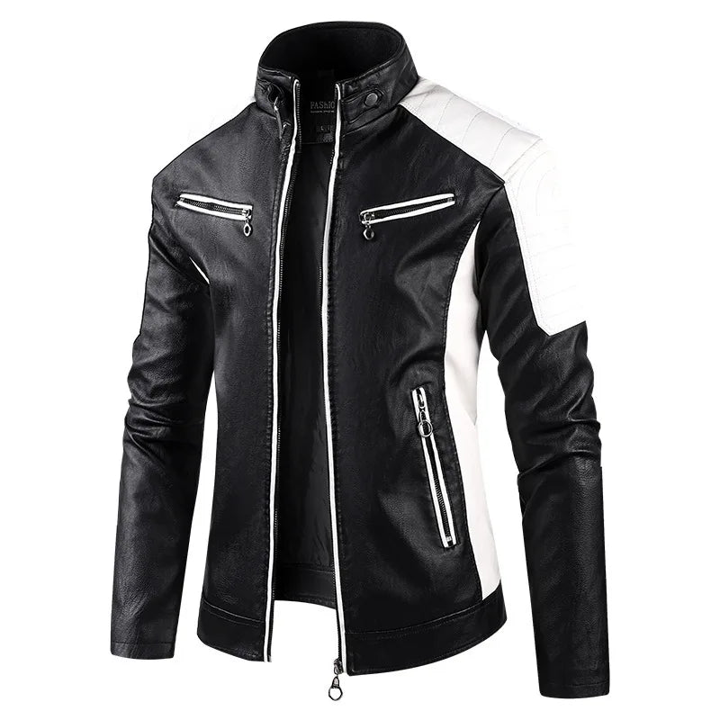 2025 New Color Blocked Stand Up Collar PU Leather Motorcycle Bike Jackets for Men,multi-color Spring Autumn  Thin Casual PU Coat