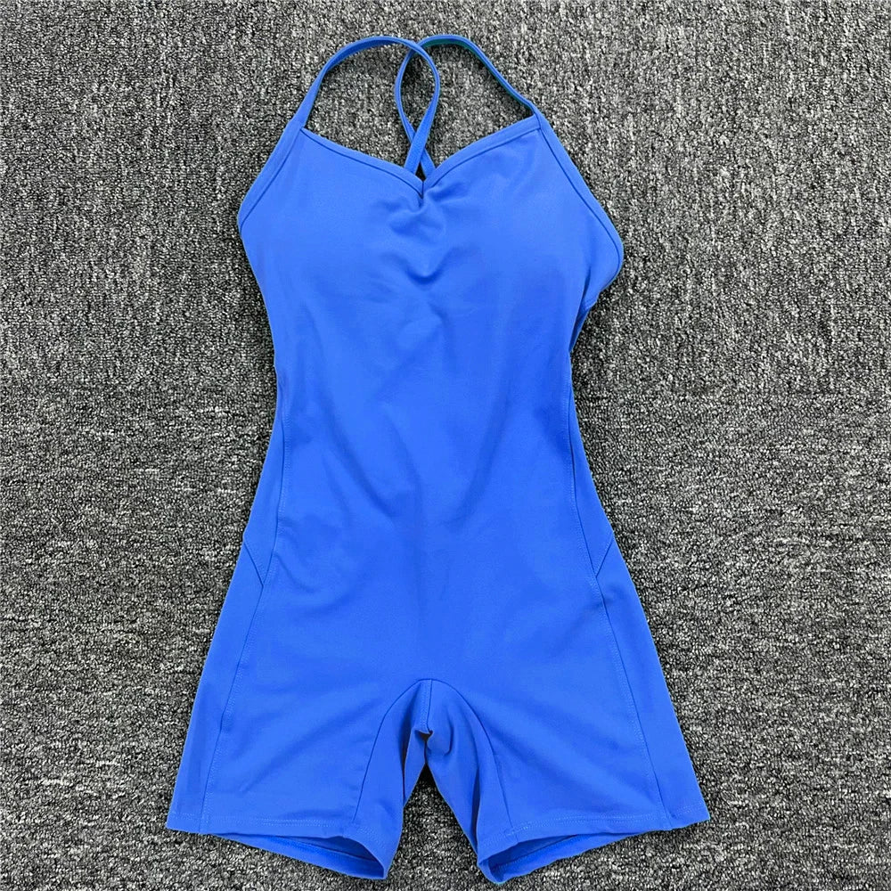 Rückenfreier Sportanzug für Damen, 2023, Lycra, Fitness-Overall, einteiliger Overall, Shorts, Sport-Outfit, Fitnessstudio, Trainingskleidung für Damen, Sportbekleidung