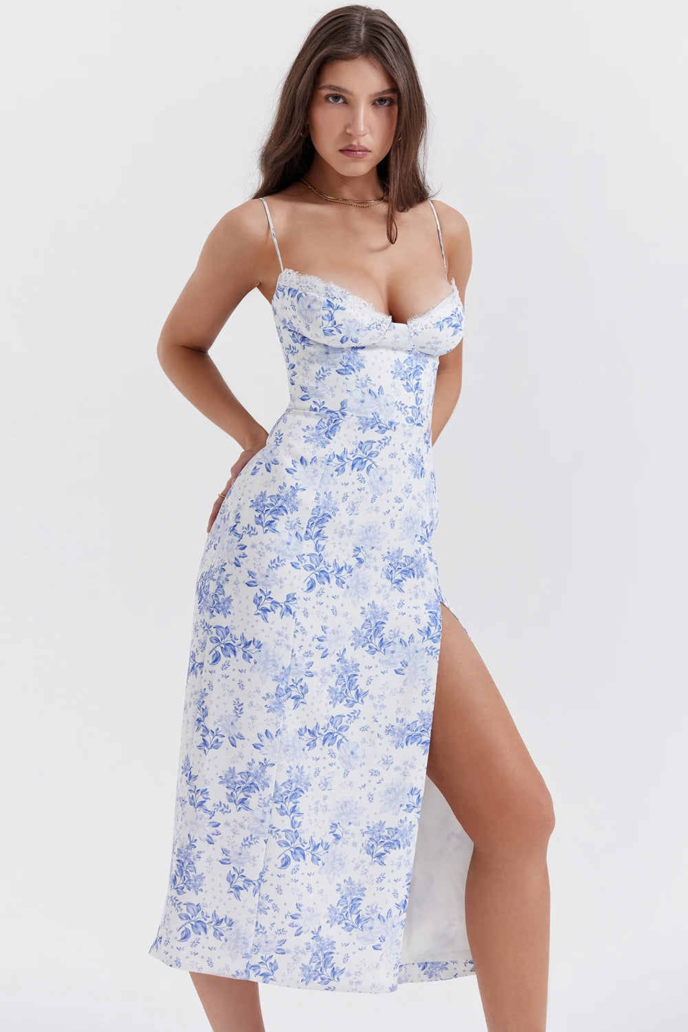 Women Summer Floral V Neck Spaghetti Strap Cam Dress Female Robe Sexy Bodycon Split Chic Mid-Calf Aesthetic Dress