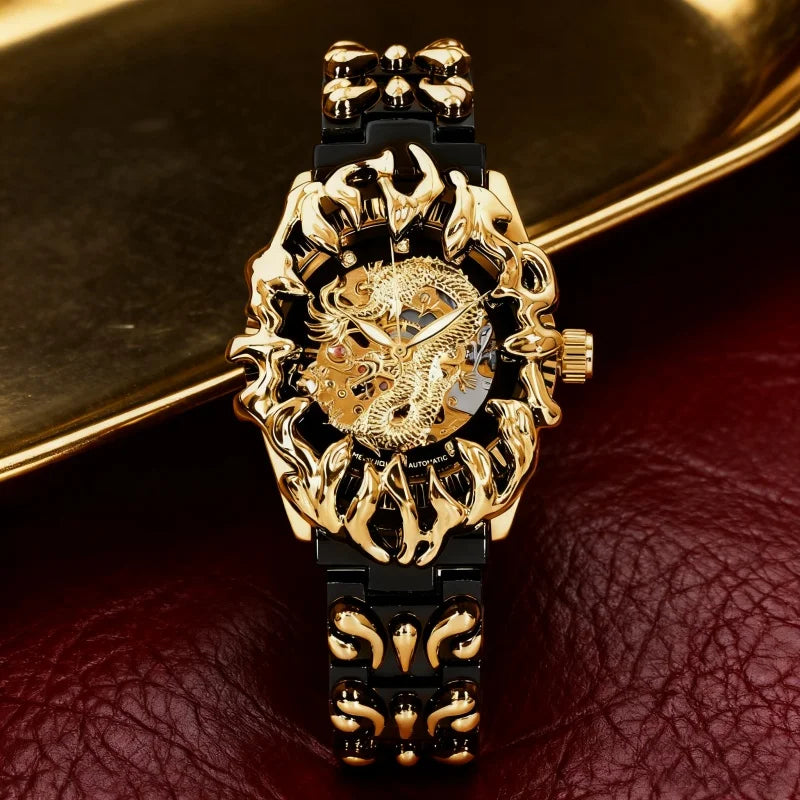 A men's black and gold steel strap casual niche carved dragon pattern mechanical watch