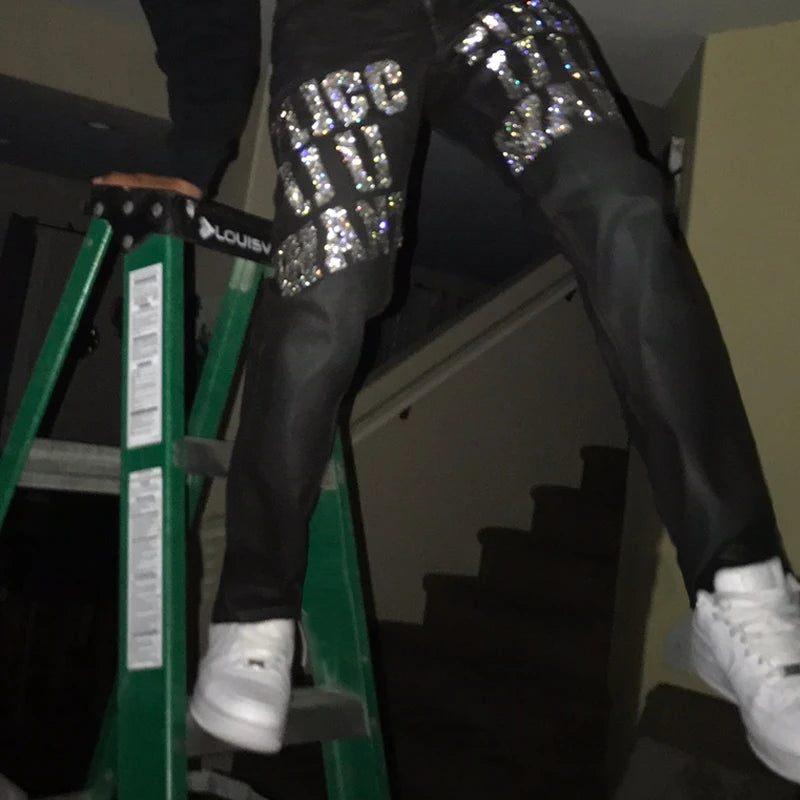 Y2K Herren Stretchy Ripped Skinny Black Jeans Schlanke hochwertige Lochhose Ästhetische Strasssteine ​​Streetwear Denim Bleistifthose