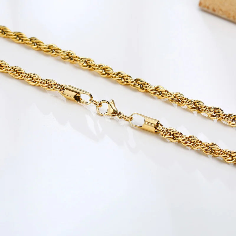 Dainty Gold Color Rope Chain Necklaces for Women Men,Chic Twisted Collar, Waterproof Stainless Steel Link 2/3/4/5mm Width