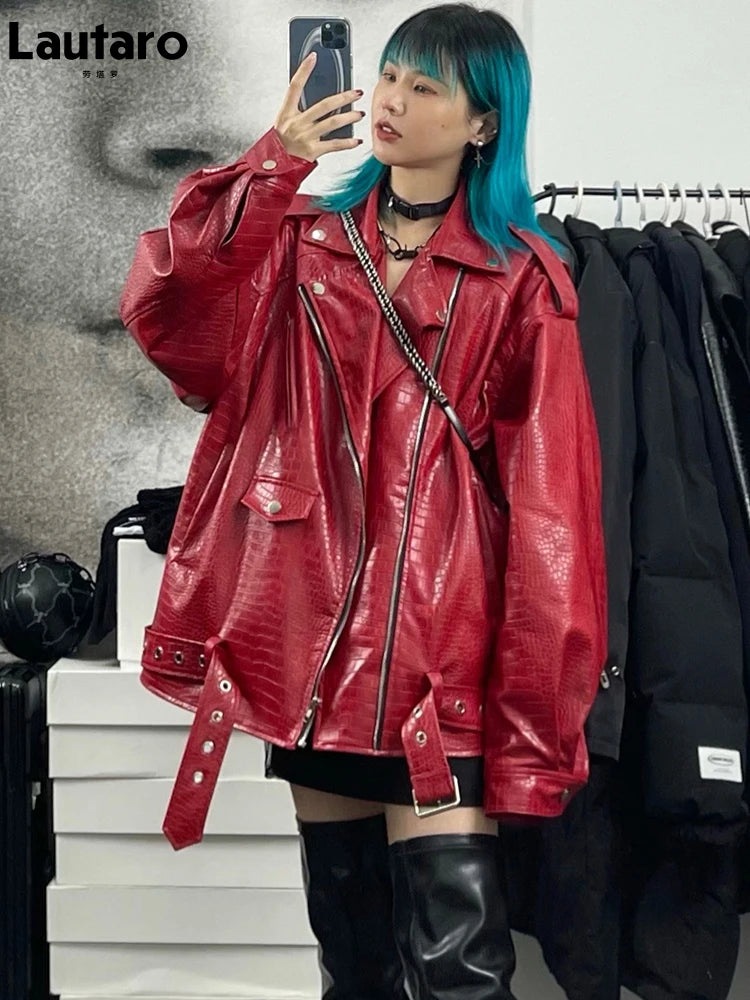 Lautaro Spring Autumn Oversized Red Shiny Crocodile Pattern Leather Biker Jacket Women Long Sleeve Zipper Belt Cool Fashion 2022