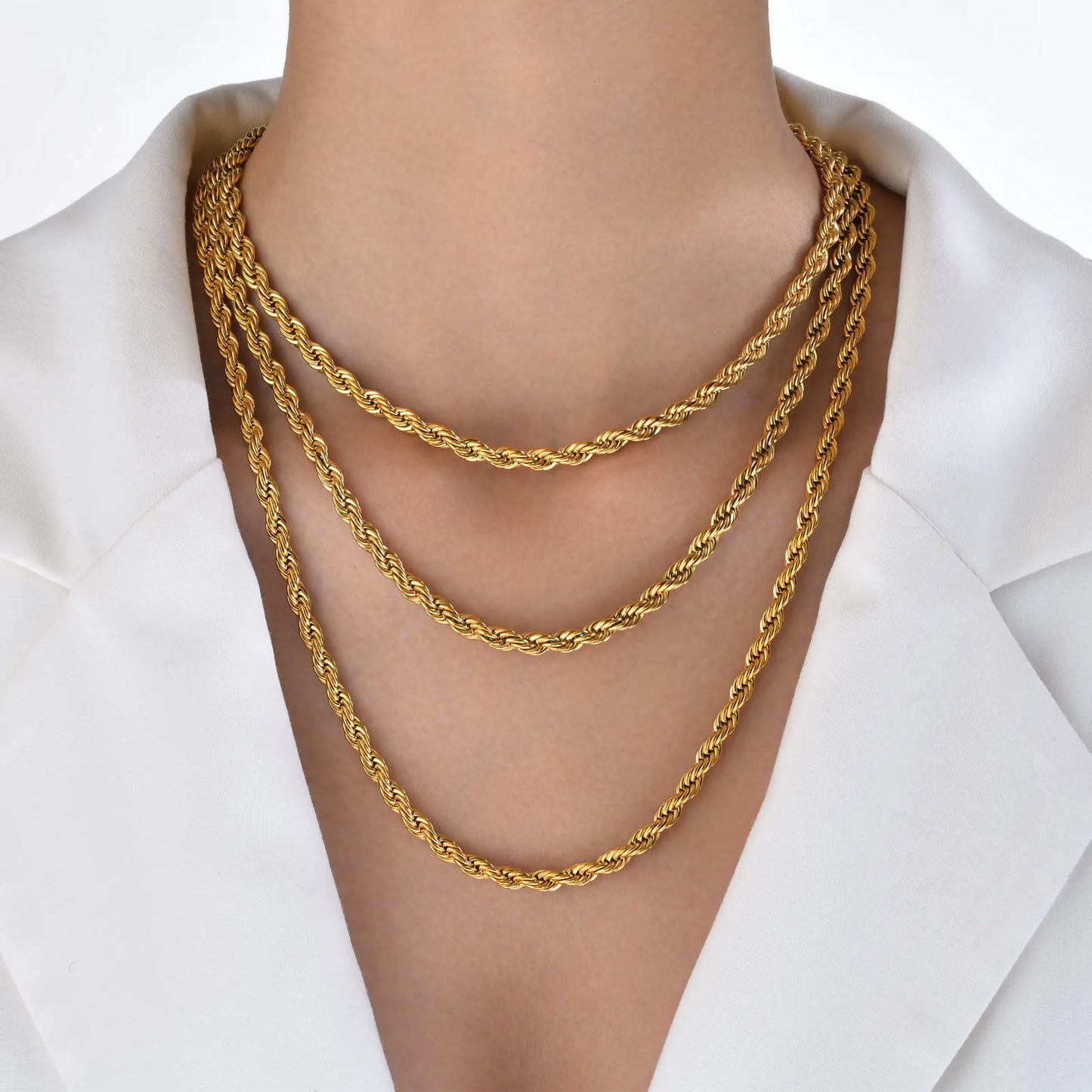 Dainty Gold Color Rope Chain Necklaces for Women Men,Chic Twisted Collar, Waterproof Stainless Steel Link 2/3/4/5mm Width