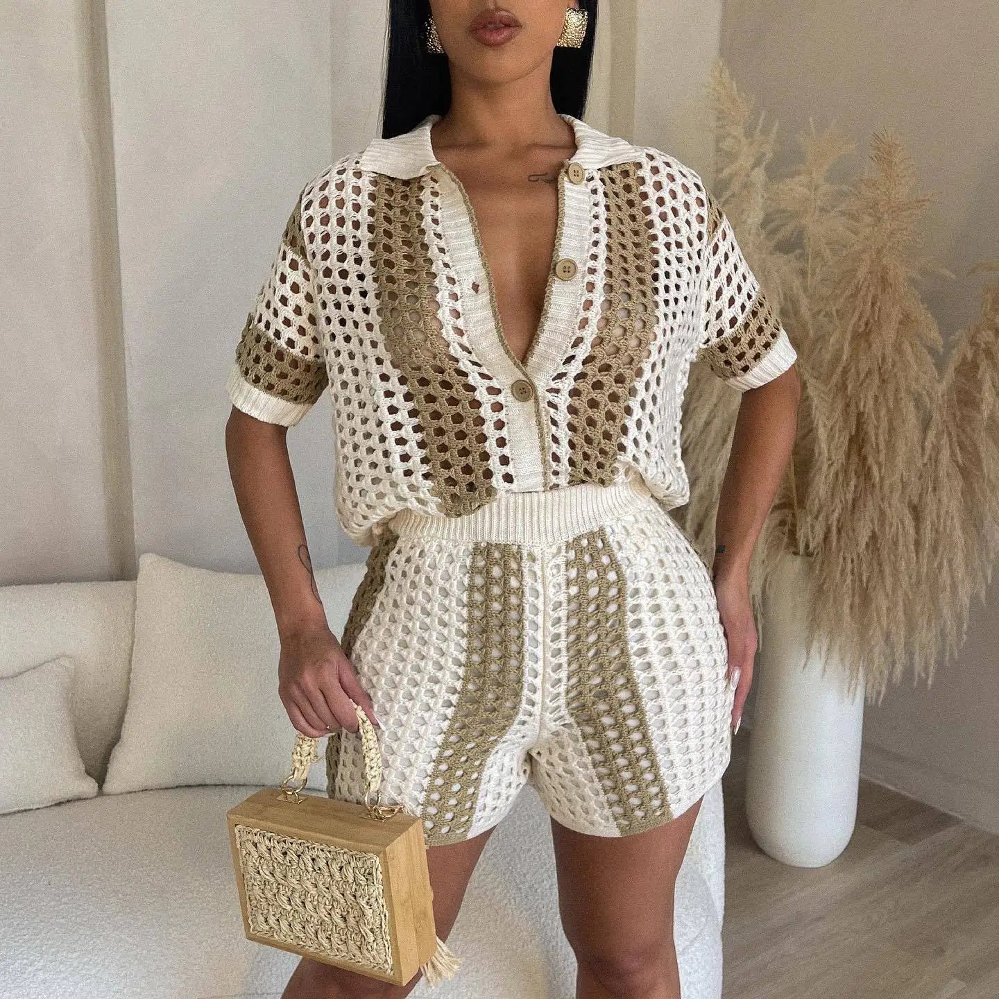 Women's Two Pieces Set Knit Ribbed Crochet Patchwork Outfits Short Sleeve Shirt Sweater Short Suit  Two Set Outfit Tracksuit