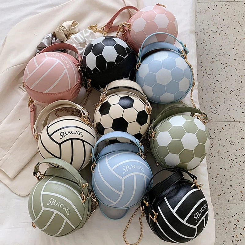 Women Ladies Football Volleyball Round Crossbody Shoulder Bag PU Leather Tote Purse Handbag Chain Purse Satchel