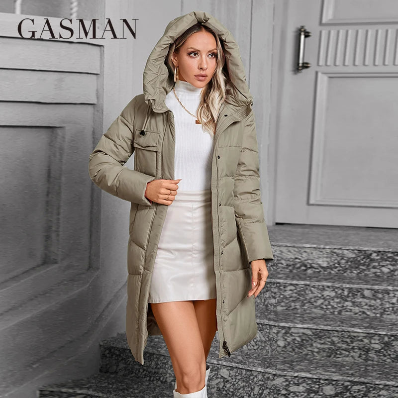 GASMAN  Women Down Jacket Long Classic zipper design Big Pocket Stand Collar Hooded Slim coat Women Parkas