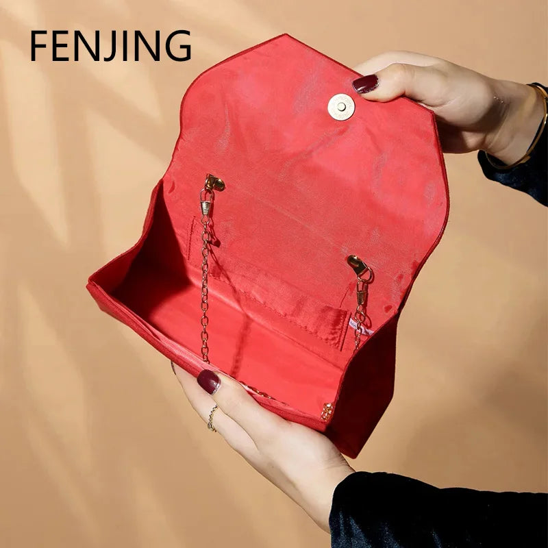Elegant Fashion Shiny Corduroy Dinner Bag Lady's Wedding Handbag for Party and Dance Crossbody Bags Women Red Top-handle Bags
