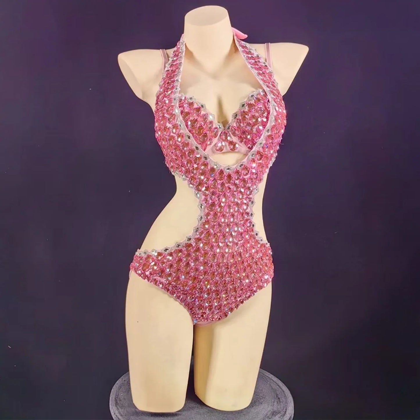 Women Luxury Rhinestones Beading Bodysuits Stage Costumes Sexy Sparkly Halter Bra Bikini Showgirls Dress Special Occassion