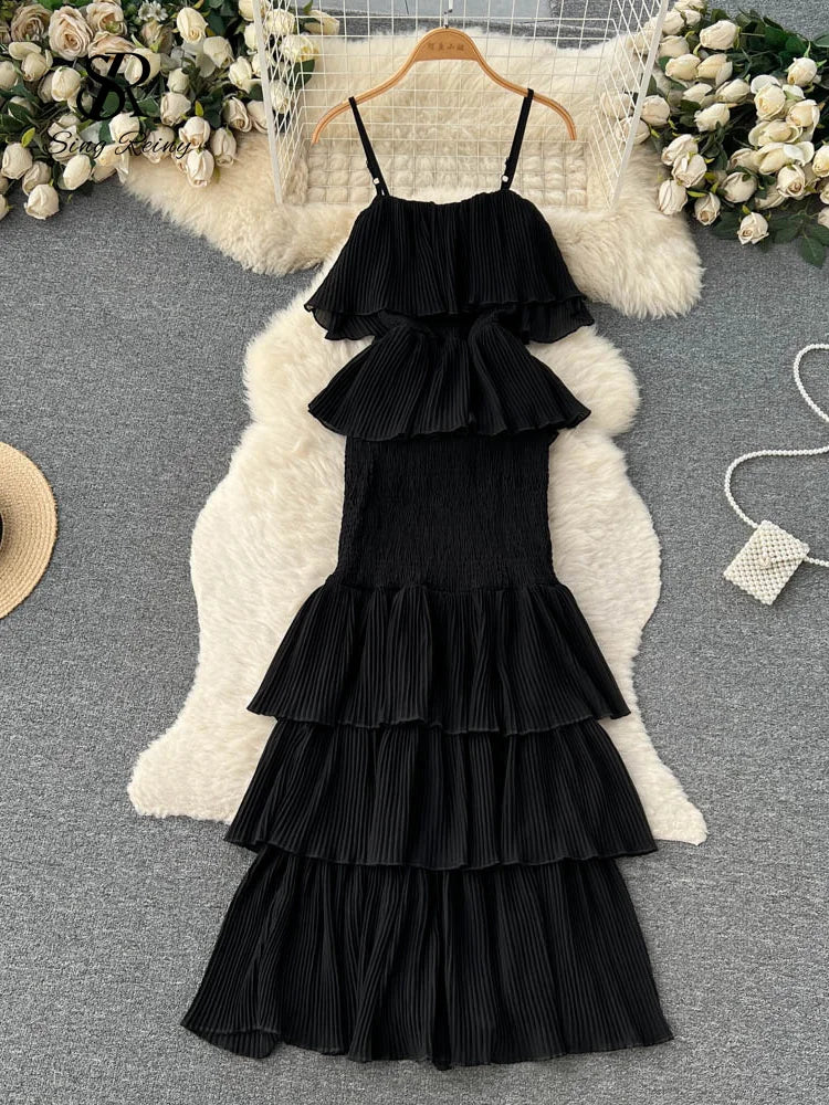 SINGREINY Women Hotsweet Chiffon Sundress Strap Cake Backless Sheath Bodycon Long Dress Vacation Retro Elastic Beach Dress